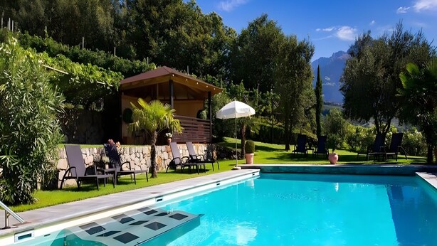A swimming pool with lounge chairs, a covered seating area, and a view of trees and mountains.