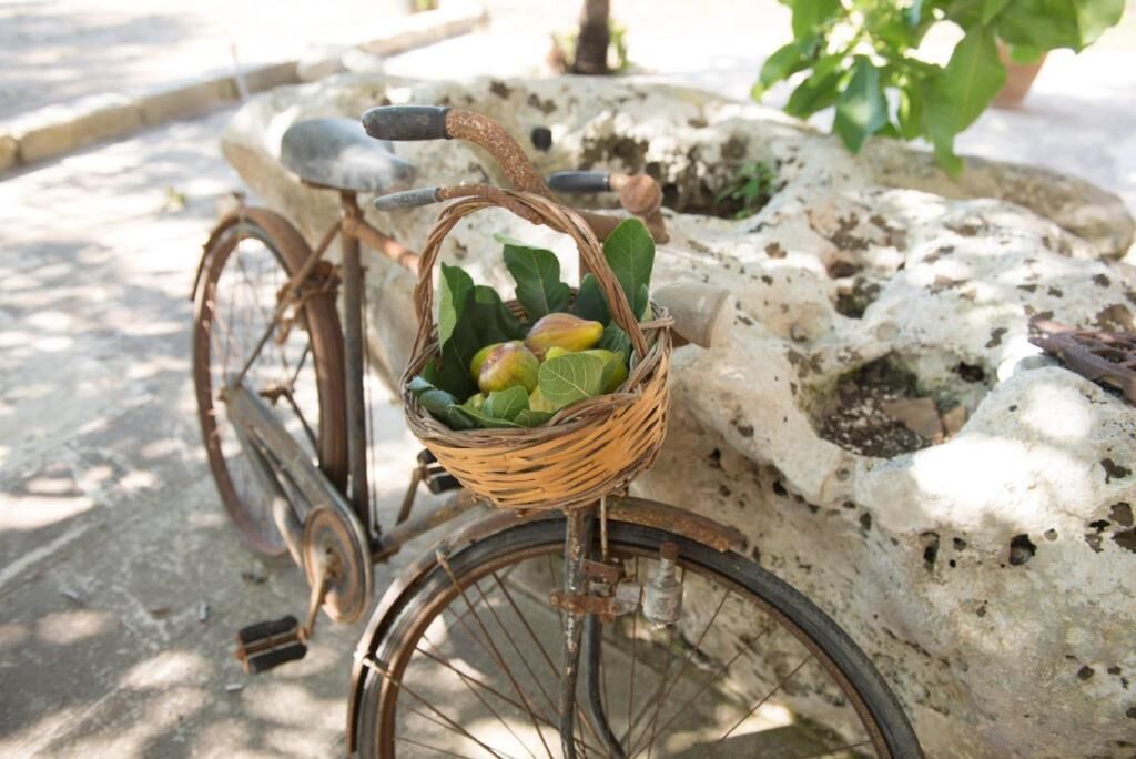 A vintage bicycle with a wicker basket containing green leaves and yellow fruits.