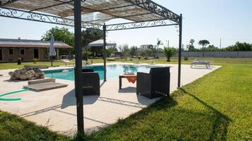 Seasonal outdoor pool, pool umbrellas