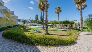 Un patio con palmeras, piscina y sillones de descanso.