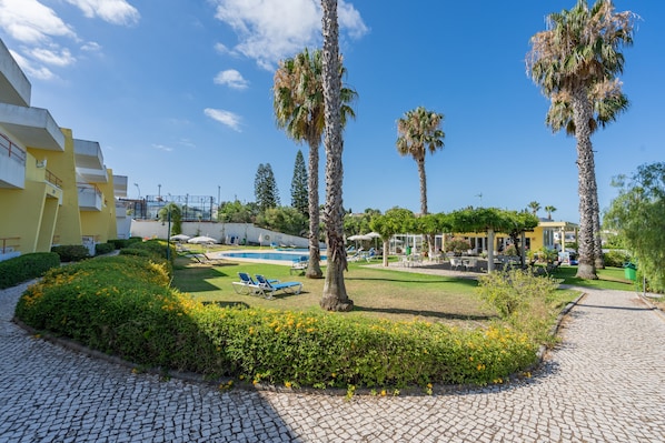 Une cour intérieure agrémentée de palmiers, d’une piscine et de chaises longues.