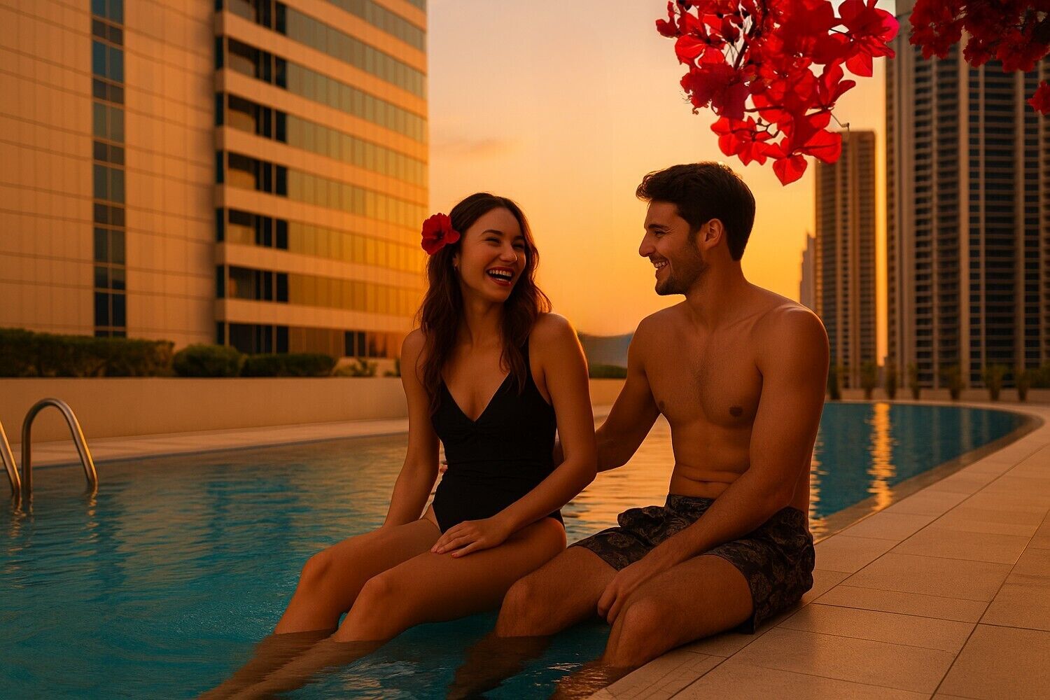 A couple sitting by a pool with a cityscape in the background.