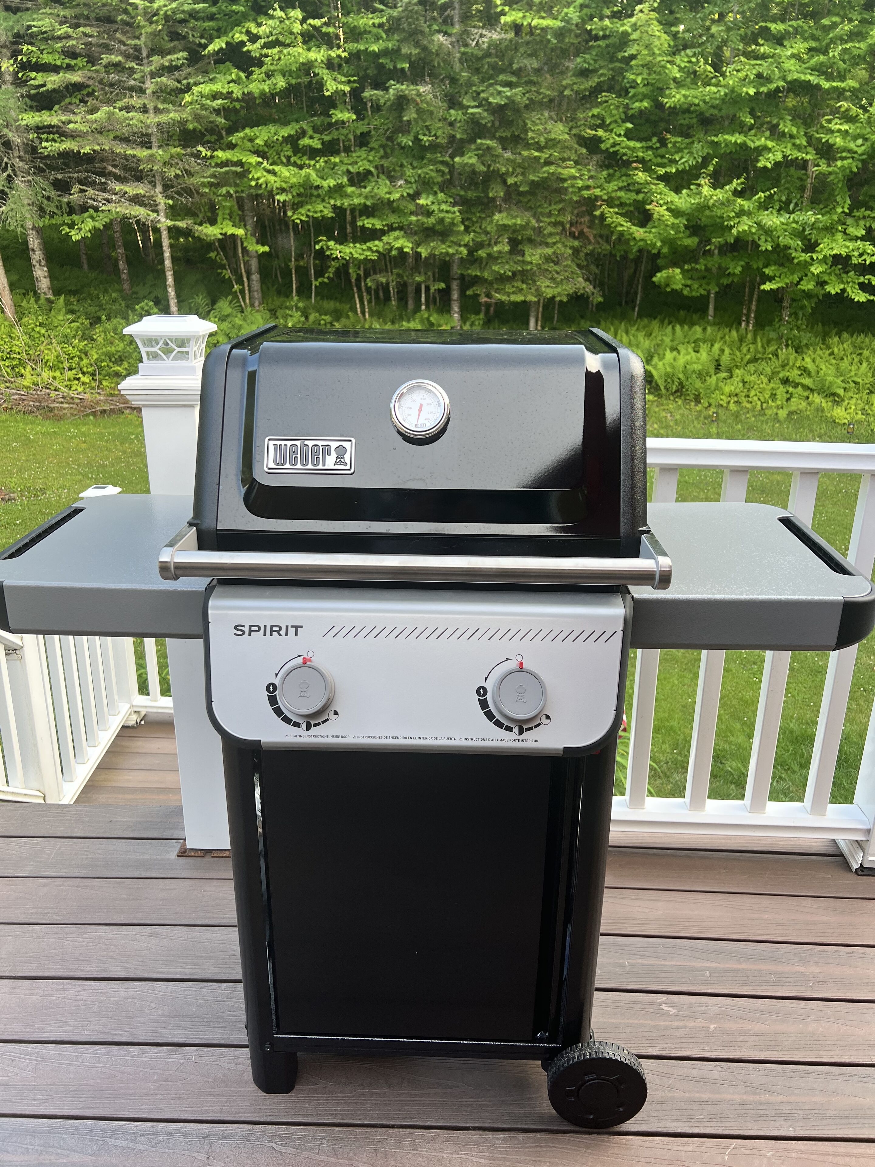 Un barbecue Weber Spirit portable, placé sur une terrasse en bois avec une rambarde blanche et de la verdure en arrière-plan.