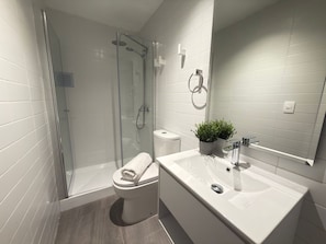 Shower, hair dryer, towels, shampoo