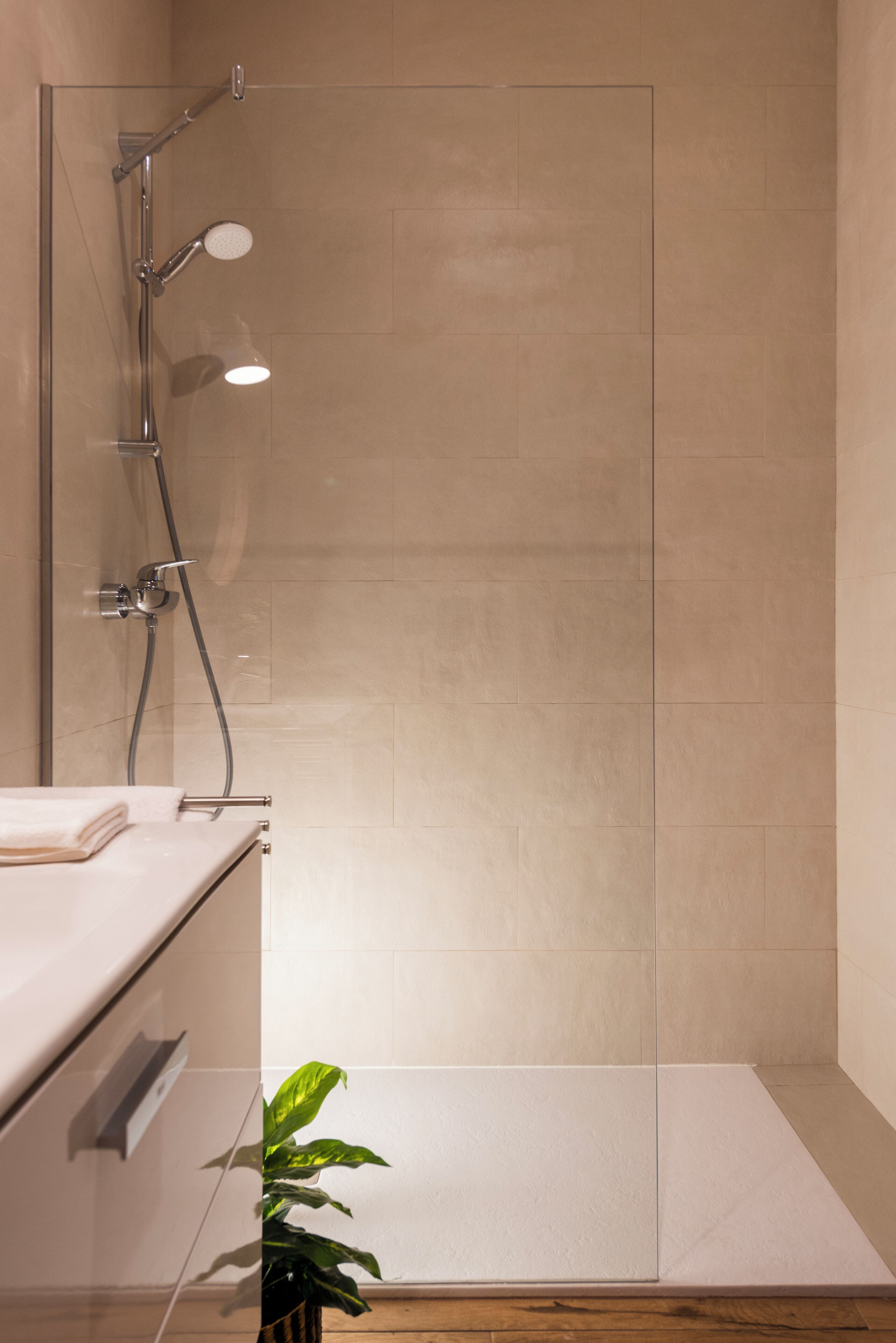 A modern bathroom with a glass shower enclosure, a white countertop, and a potted plant.