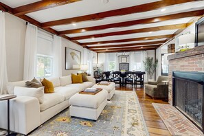 TV, fireplace, books
