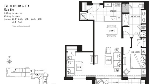 Plan d’étage d’un appartement comprenant une chambre, un bureau, une véranda, une cuisine, un coin repas, une salle de bain et un salon.