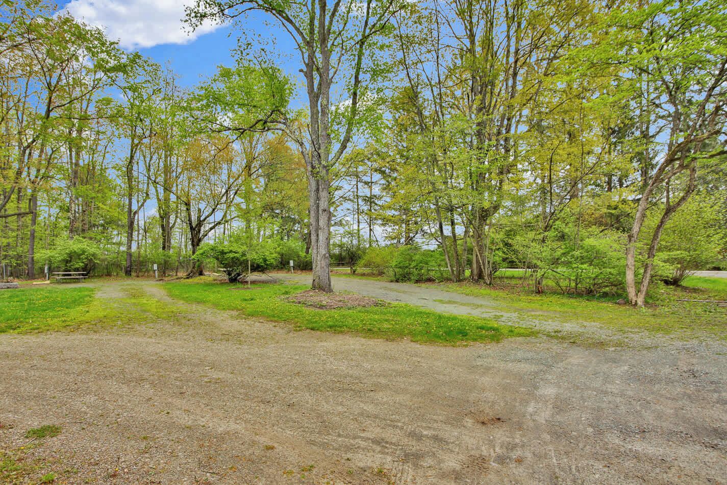 A campground with a dirt path leading to a picnic table, surrounded by trees and grassy areas.