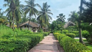 A pathway flanked by lush greenery and palm trees, leading to traditional-style buildings with thatched roofs. - BEAUTIFUL VILLA OPPOSITE THE BEACH AND IN THE CENTER OF SALY (Saly)