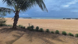 A sandy beach with a palm tree and a rocky breakwater in the background. - BEAUTIFUL VILLA OPPOSITE THE BEACH AND IN THE CENTER OF SALY (Saly)