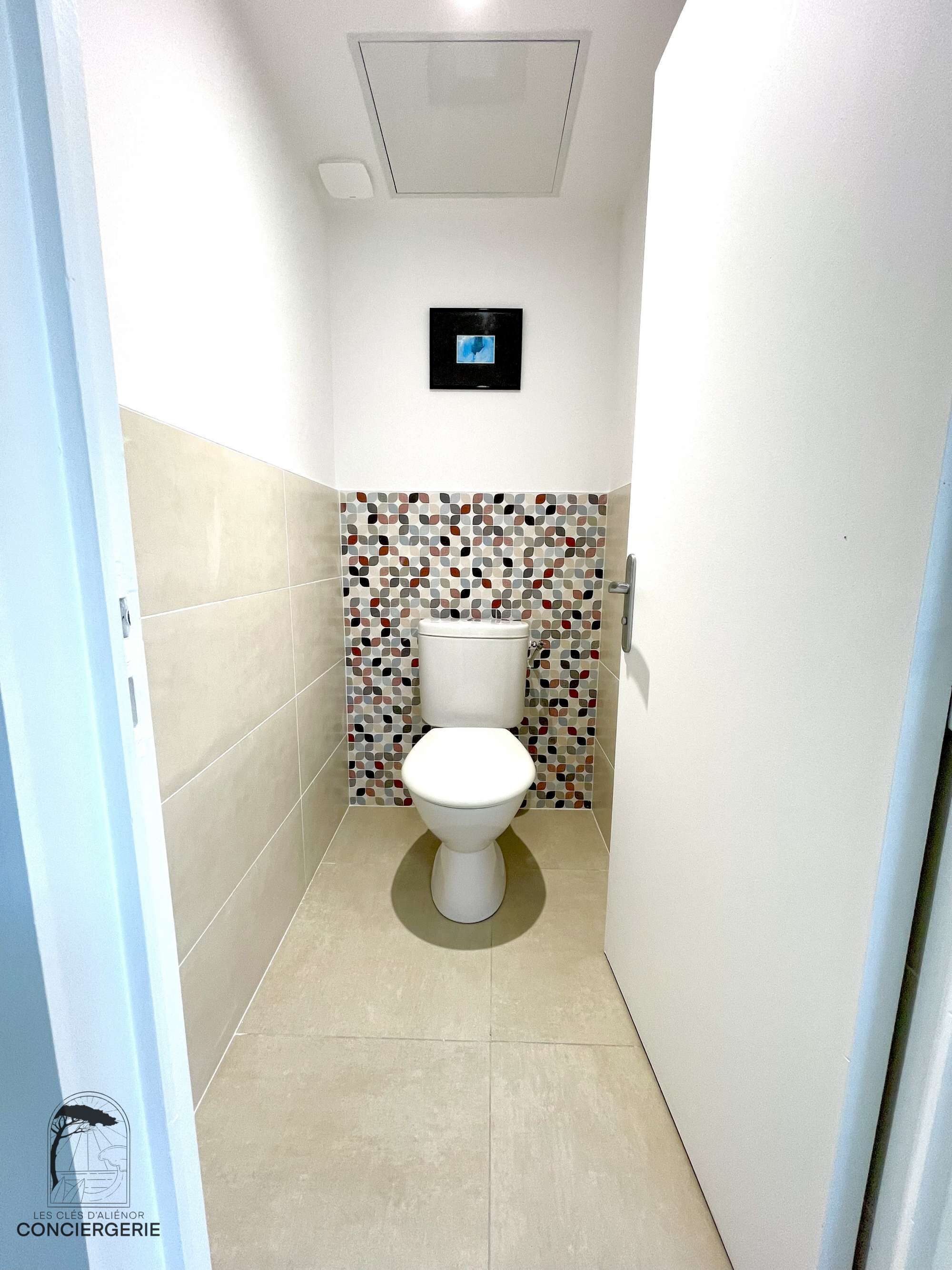 Une petite salle de bain étroite, avec des toilettes blanches, des murs carrelés et un luminaire au plafond.