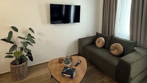 A modern living room with a flat-screen TV mounted on the wall, a dark green sofa with two cushions, a wooden coffee table with a book and remote control, and a potted plant on the left.