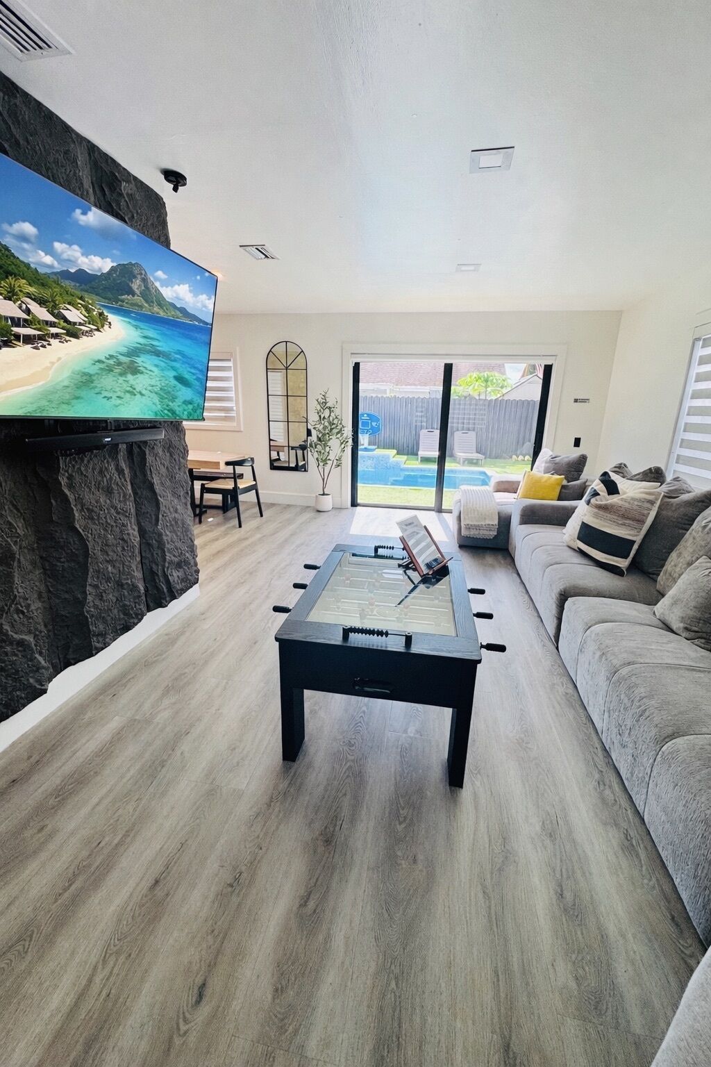 Smart TV, table football, ping pong, computer monitors