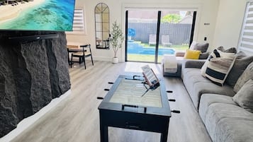 Smart TV, table football, ping pong, computer monitors