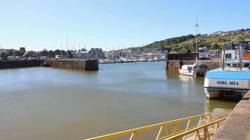 A harbor with boats docked, a yellow safety railing, and a backdrop of buildings and hills.