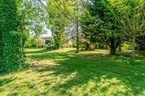 Un jardin bien entretenu, avec une variété d’arbres et une pelouse, un bâtiment en arrière-plan et un banc.