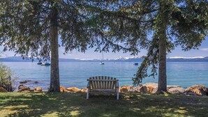 A bench under a tree by a lake with boats in the distance.