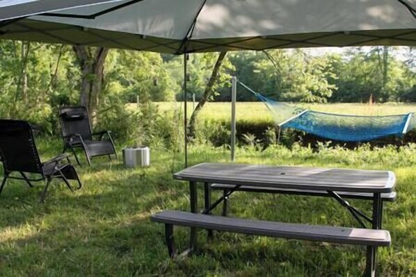 An outdoor picnic setup with a table and chairs under a canopy, a hammock, and a grassy area with trees. - Creekside Cabin Near Blue Ridge | Fire Pit +Nature (Mineral Bluff)