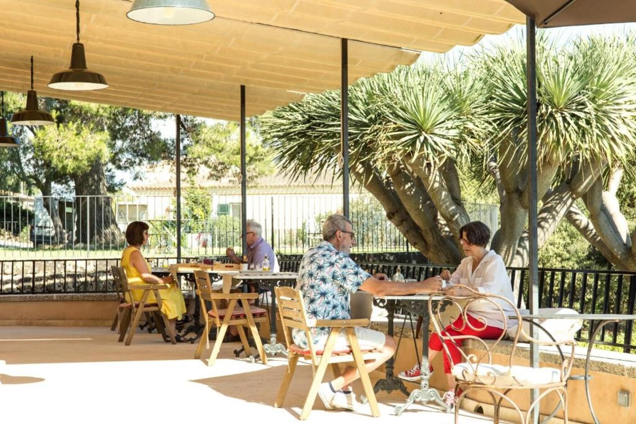 An outdoor cafe with tables and chairs, surrounded by trees and a fence.