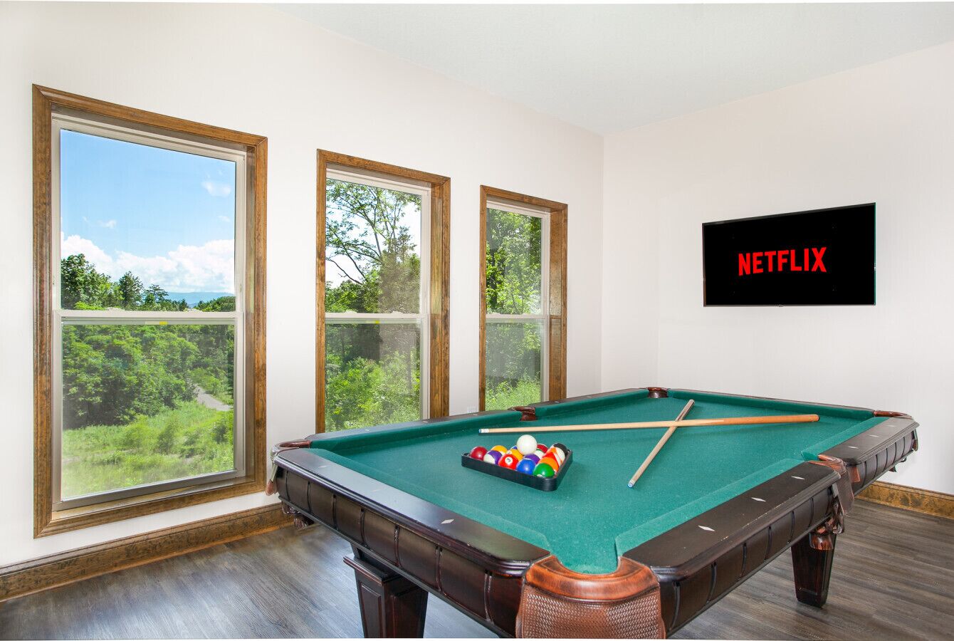 A pool table with balls and cues, large windows with a view of greenery, and a wall-mounted sign reading "NETFLIX".