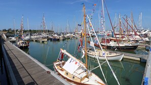 Un port de plaisance où de nombreux bateaux sont amarrés, avec des passerelles en bois et un ciel d’un bleu limpide.