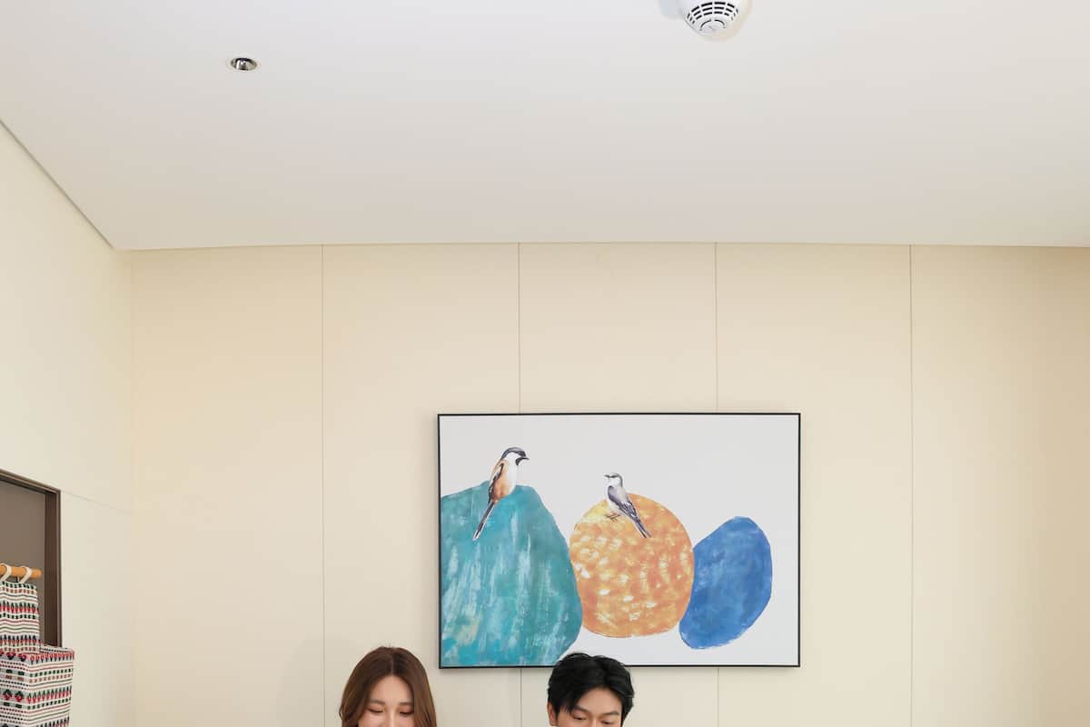 Two people sitting on a sofa with cushions, a wall-mounted painting, and a potted plant.