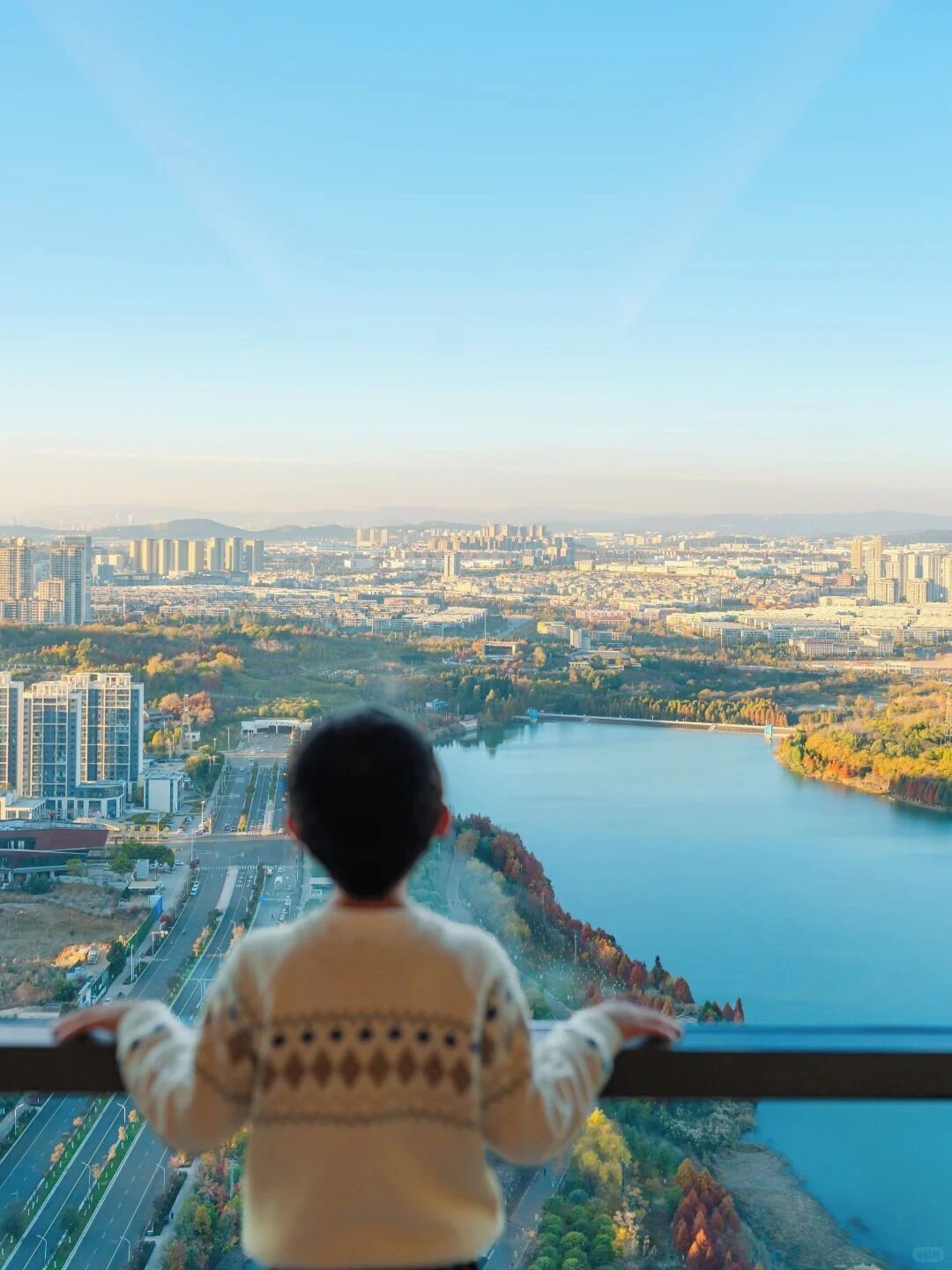 A child looking out over a cityscape with a river and mountains in the distance.