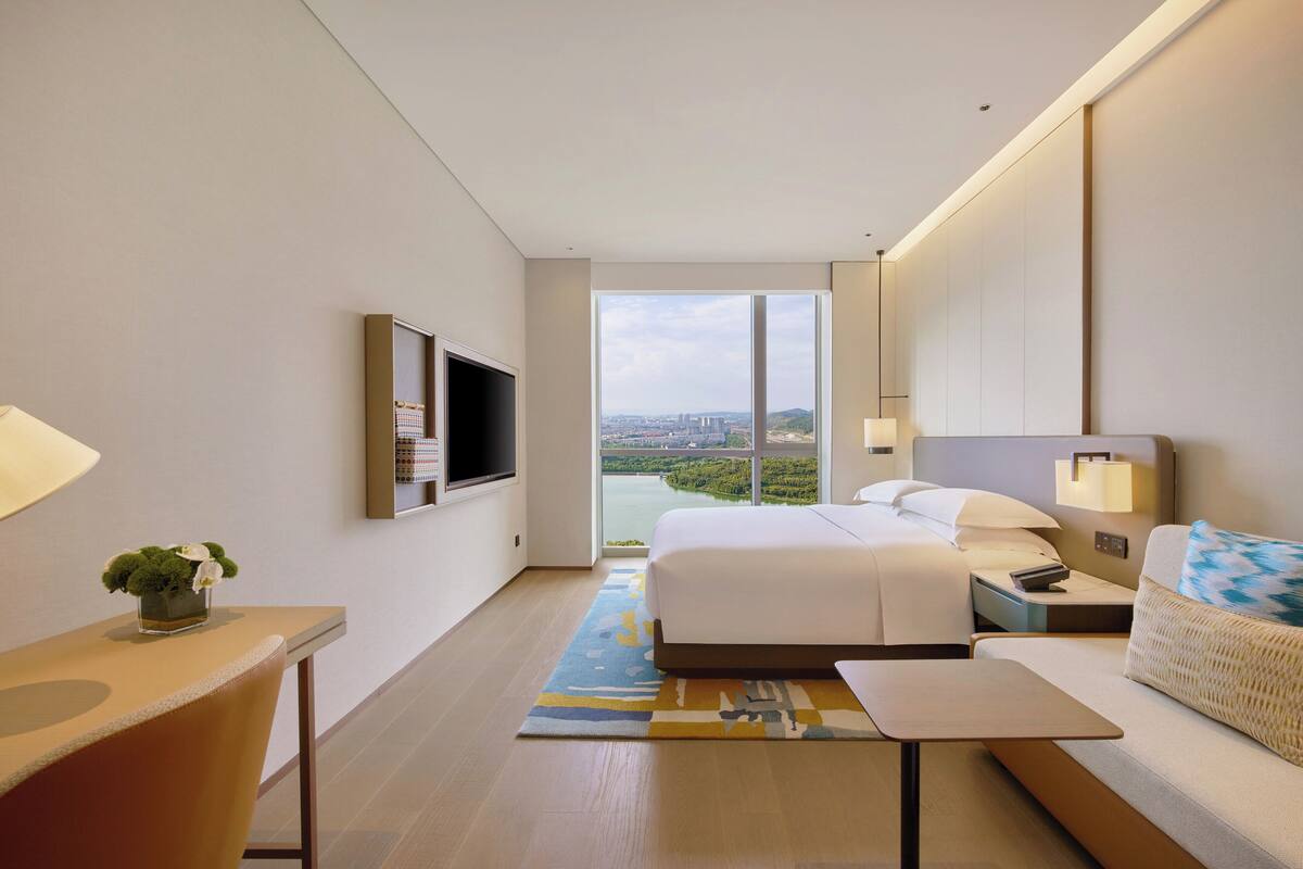 A hotel room with a bed, bedside table, lamp, TV, and a view of a cityscape.