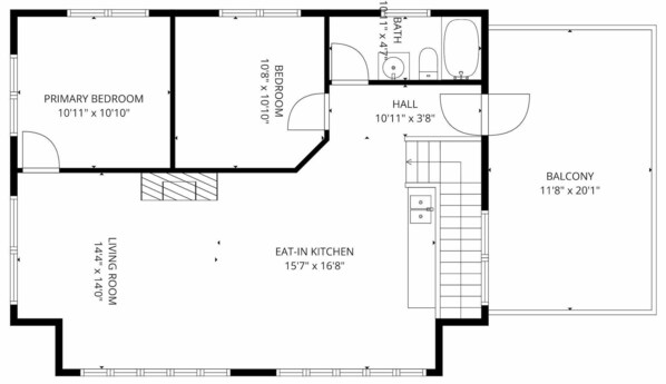 Plano de planta con habitación principal, sala de estar, cocina comedor, pasillo y balcón.