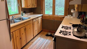 A compact kitchen with wooden cabinets, a sink, a stove, and windows overlooking a forest. - Bay of the Moon at Wolf Point - Pet Friendly! (Crane Lake)