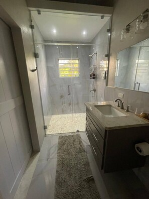 Shower, hair dryer, towels, soap