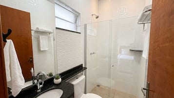 Shower, free toiletries, towels, soap