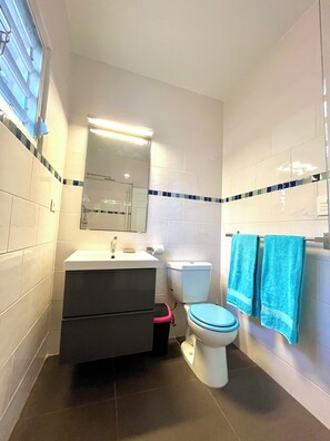 Een douche, een haardroger, handdoeken, zeep