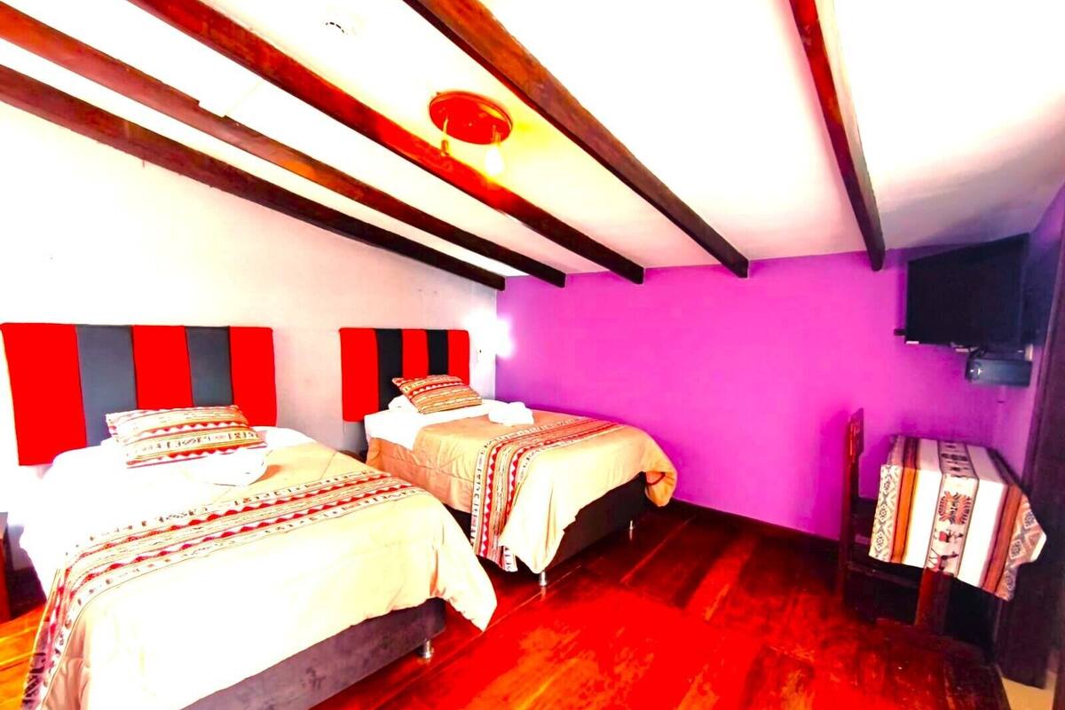 Une chambre avec deux lits, des poutres en bois, une tête de lit rouge et noire à rayures, un mur violet et un téléviseur.