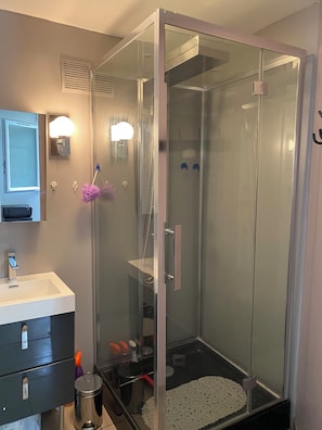 Shower, hair dryer, towels, soap