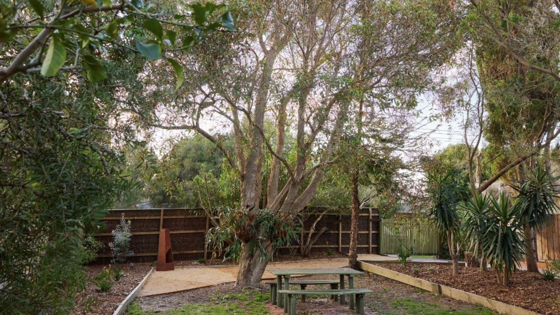 A garden with a wooden bench, a tree, and a fence.