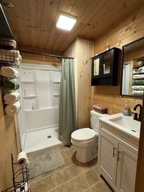 Shower, hair dryer, towels, soap