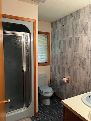 Shower, jetted bath, hair dryer, towels