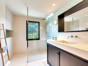 Shower, hair dryer, towels