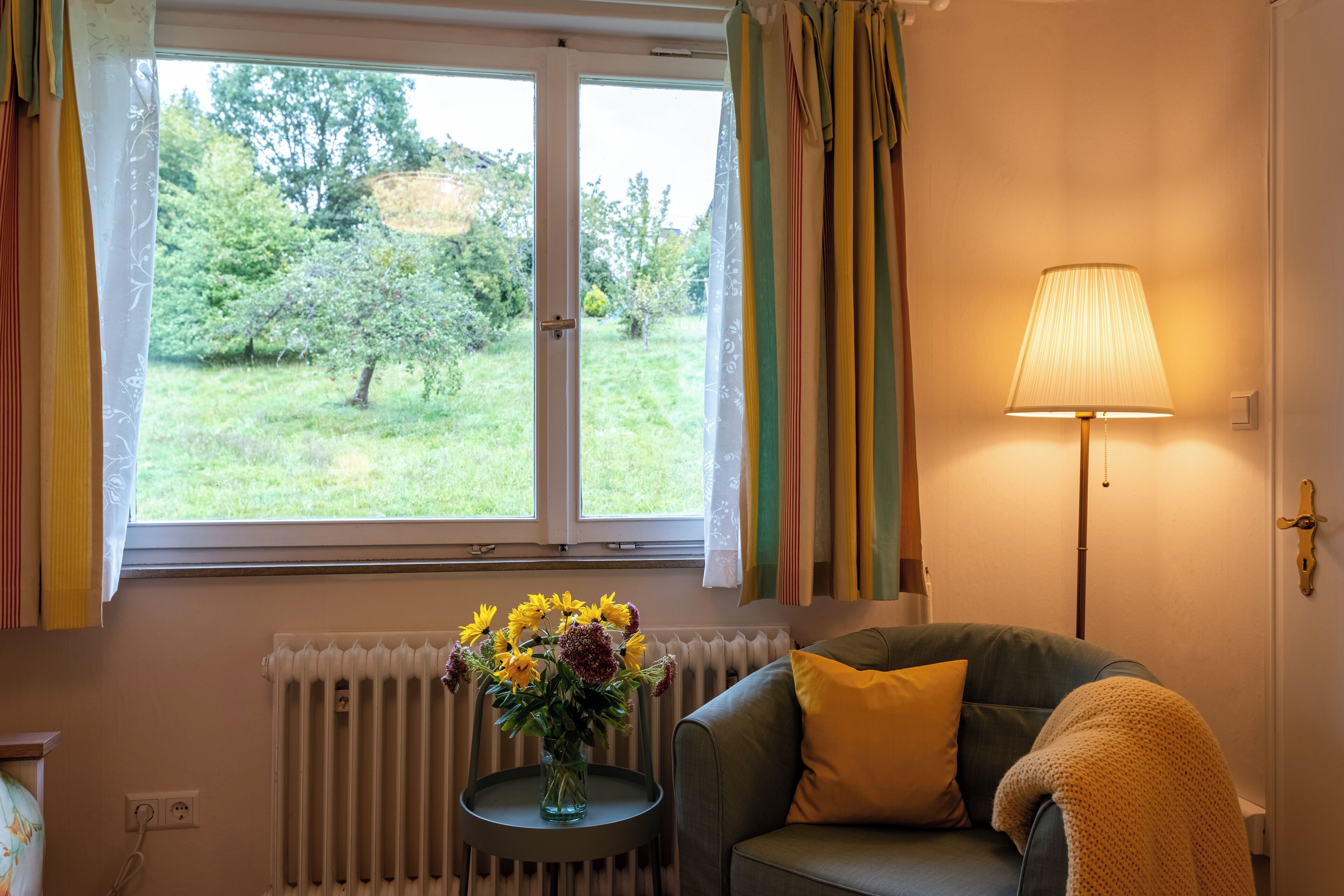 A room with a view of a garden through a window, a radiator, a lamp, and a sofa with a cushion.
