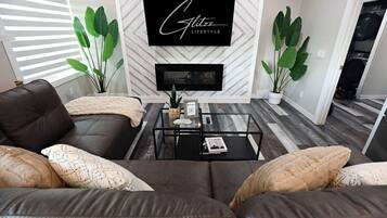 Smart TV, fireplace, books