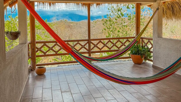 A hammock under a thatched roof structure with a view of the landscape.