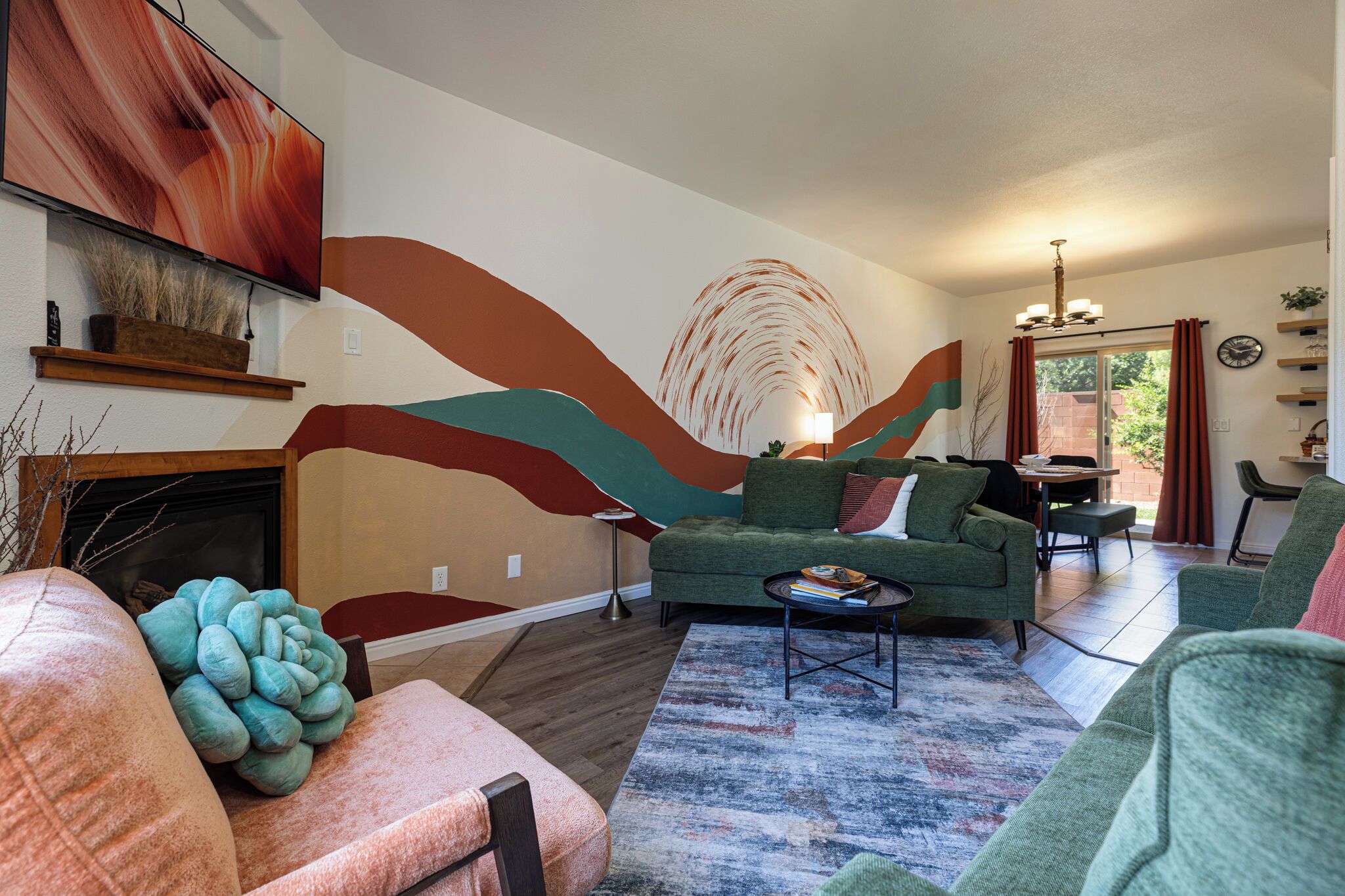 Smart TV, fireplace, books