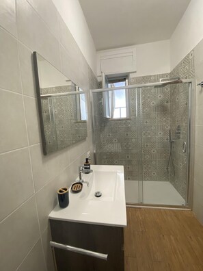 Shower, hair dryer, towels