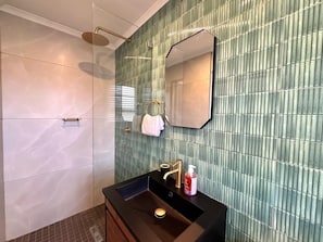 Douche, serviettes fournies, papier toilette