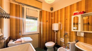 Secador de pelo, bidé, toallas y papel higiénico