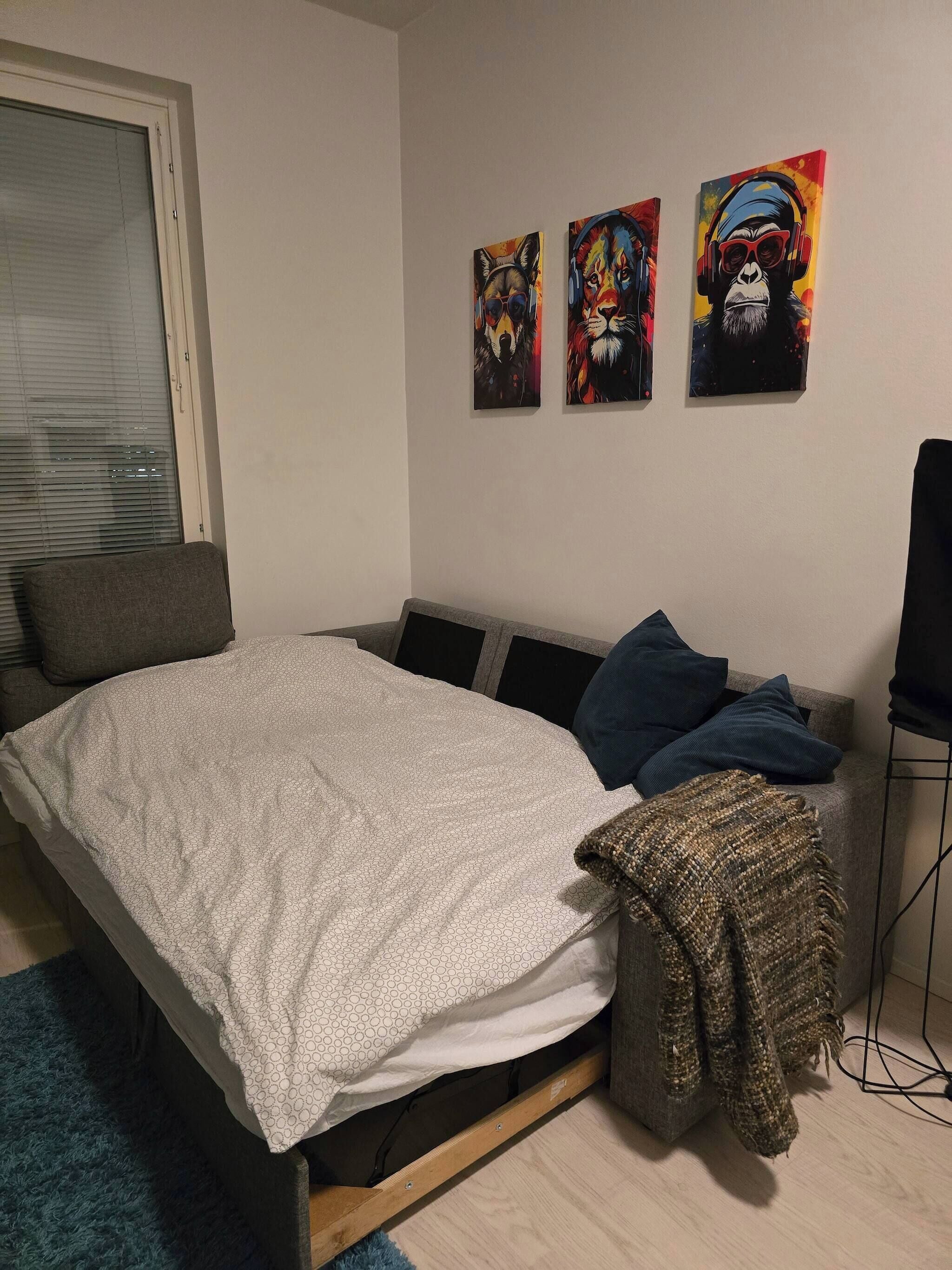 A bedroom with a bed, a gray sofa, a small table, and three paintings on the wall.