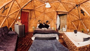 Ett mysigt rum med träpanel på väggarna, en säng, en soffa, ett litet pentry och ett badrum.