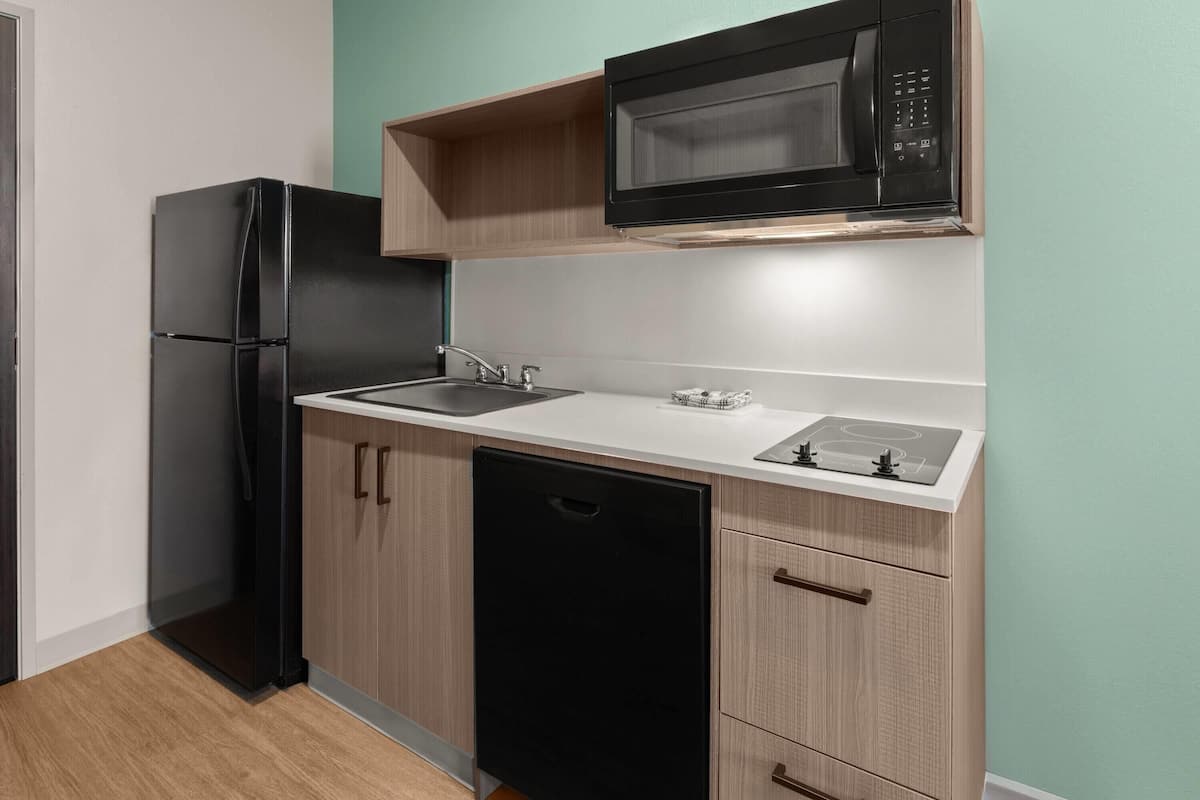 A compact kitchen with a black refrigerator, a microwave, a sink, and a dishwasher.