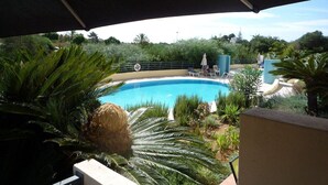 Une piscine entourée de plantes tropicales, avec une zone couverte au-dessus.